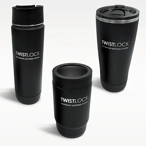 All TwistLock Insulated Drinkware Featuring an insulated 20oz Canteen, 22oz Tumbler, and Can Cooler