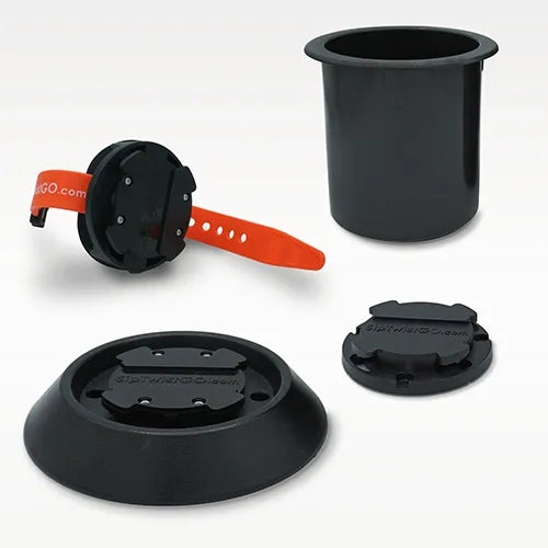 All TwistLock locking cup holder bases showing a grouping of a raft, flat, and boat attachable cup holder.