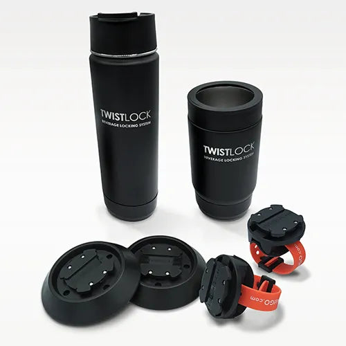 Bundle Insulated Drinkware and Cup Holder Deals. Image featuring a 20oz stainless steel canteen and a can cooler in addition to rafting locking cup holders.