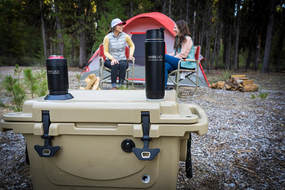 Camping in Oregon with Canteen and Can Cooler locked into Locking Bases on Cooler.