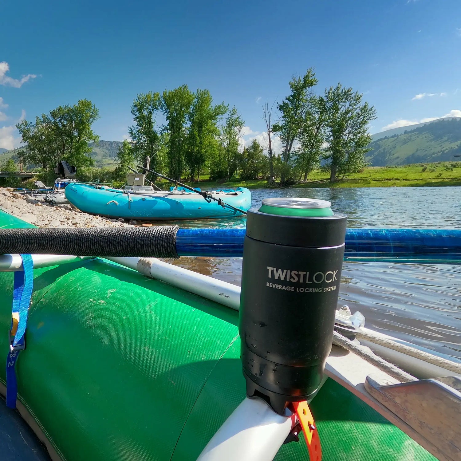 Bar mount raft cup holder with can cooler attached to a bright green raft on a river.