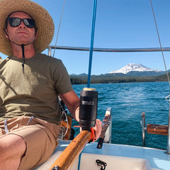 Sailing in Elk Lake, Oregon with a Can Cooler locked to the rudder.