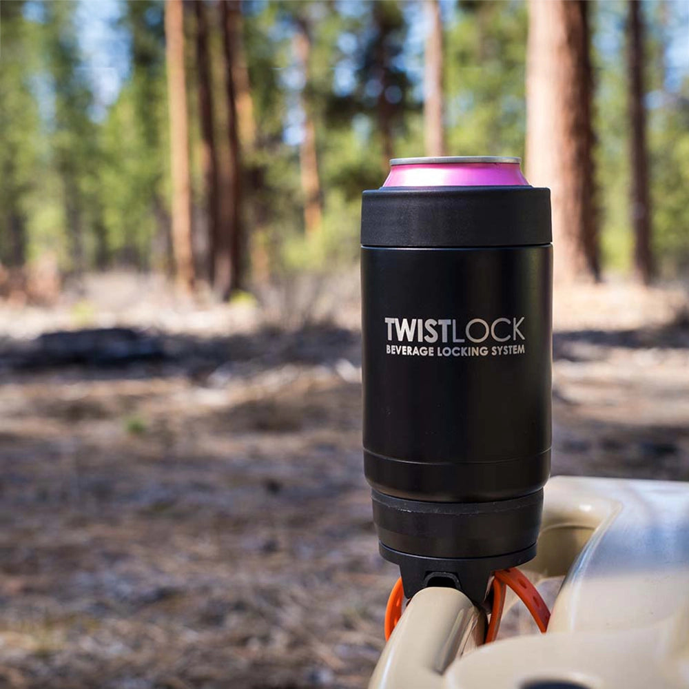 Can cooler locked onto the side of a cooler with a Bar Mount base.