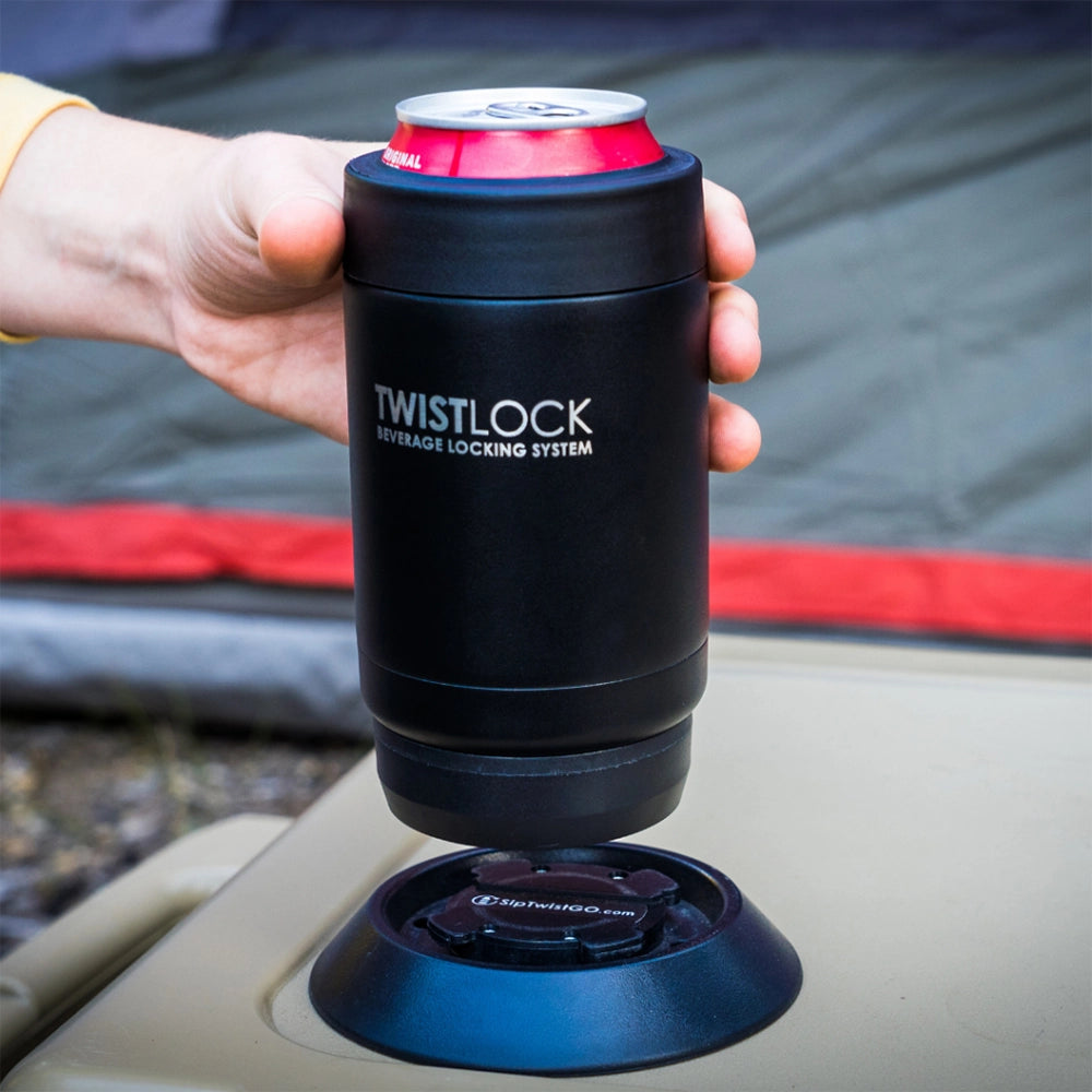 12oz Insulated TwistLock Can Cooler being locked into a Flat Mount on top of a cooler.