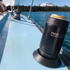 Sailboat in Elk Lake, Oregon with a TwistLock can cooler locked into a flat mount on the side of the boat.