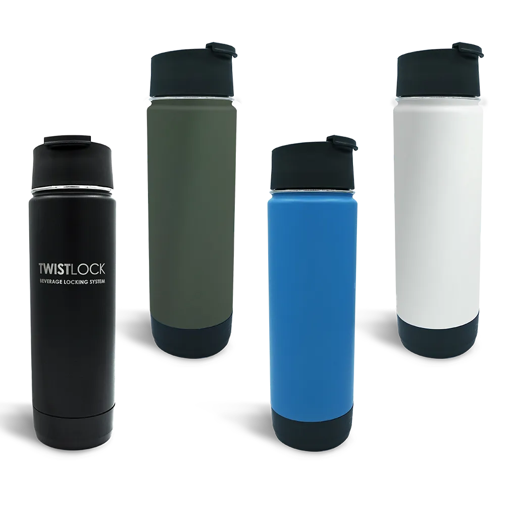 TwistLock insulated canteen color options showing: Obsidian black, Trailhead green, Crater lake blue, and summit white.