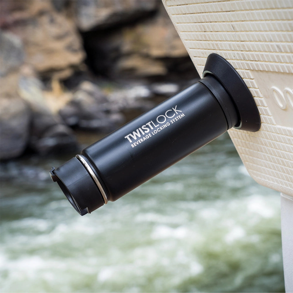 TwistLock Insulated Canteen and a Flat Mount Locking Base on a Cooler by the River.