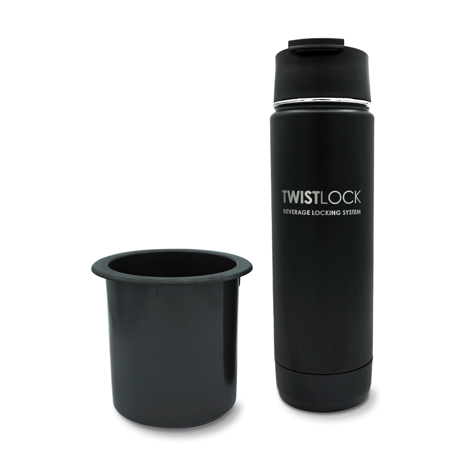 Drop in recessed cup holder and insulated canteen head on product photo.