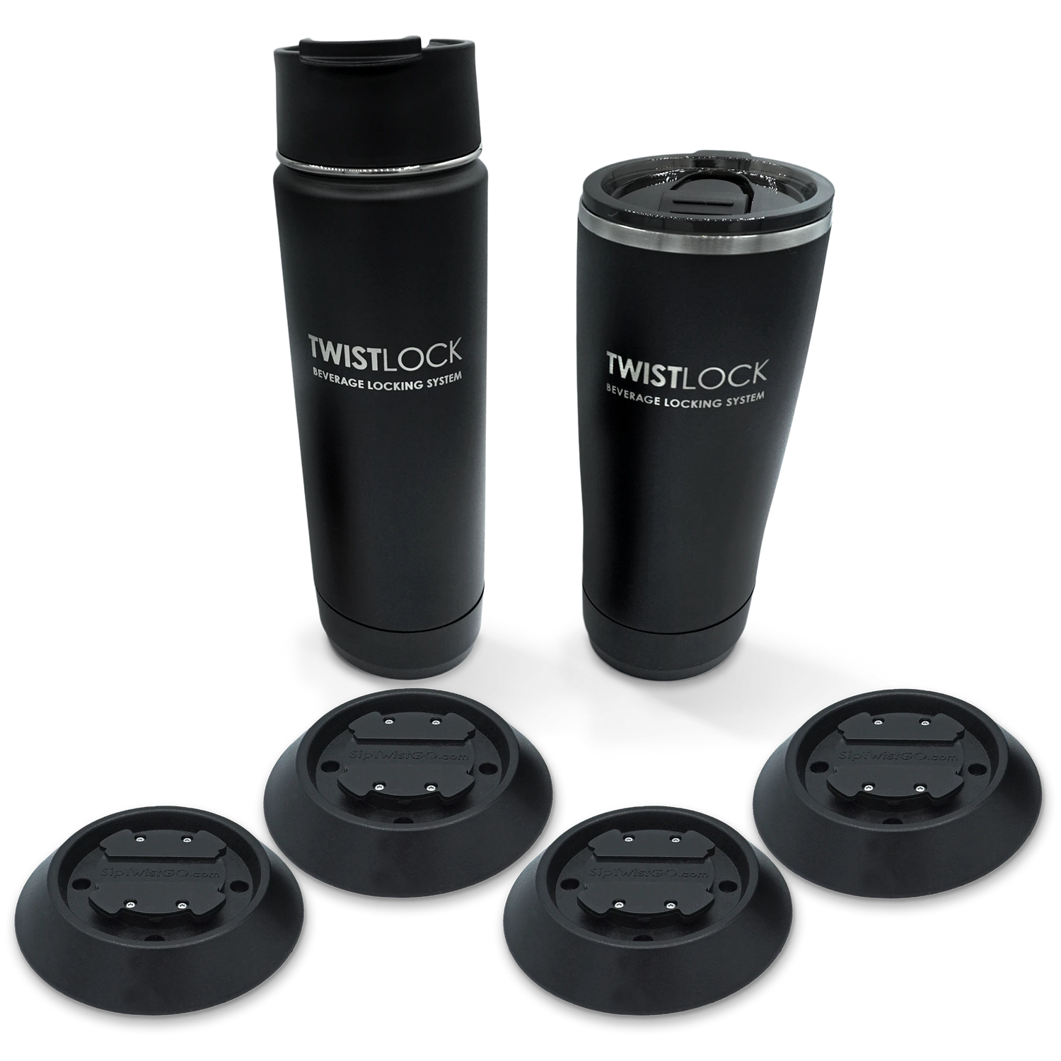 Product image of the Flat Mount Bundle including an insulated canteen and tumbler in addition to four mountable cup holder bases.