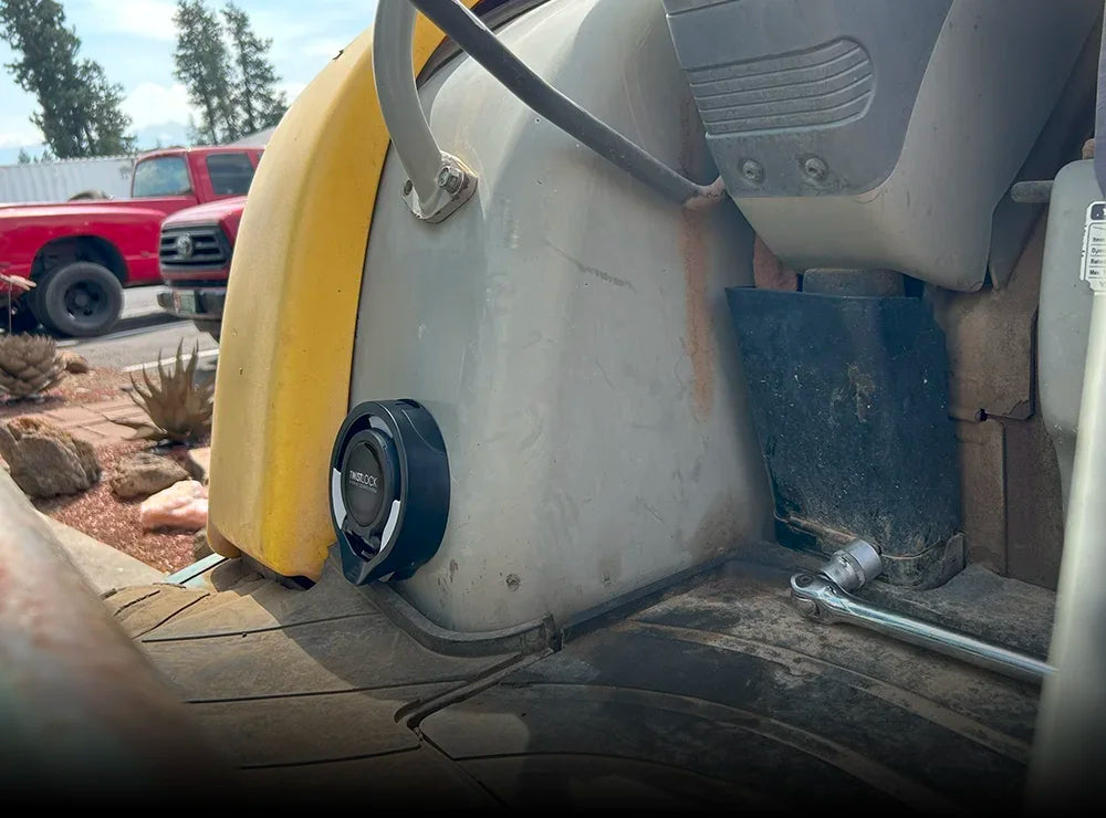 The TwistLock folding vertically mounted locking cup holder attached to an excavator in the closed position.