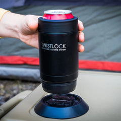 locking an insulated can cooler to a flat mount attached to a cooler.