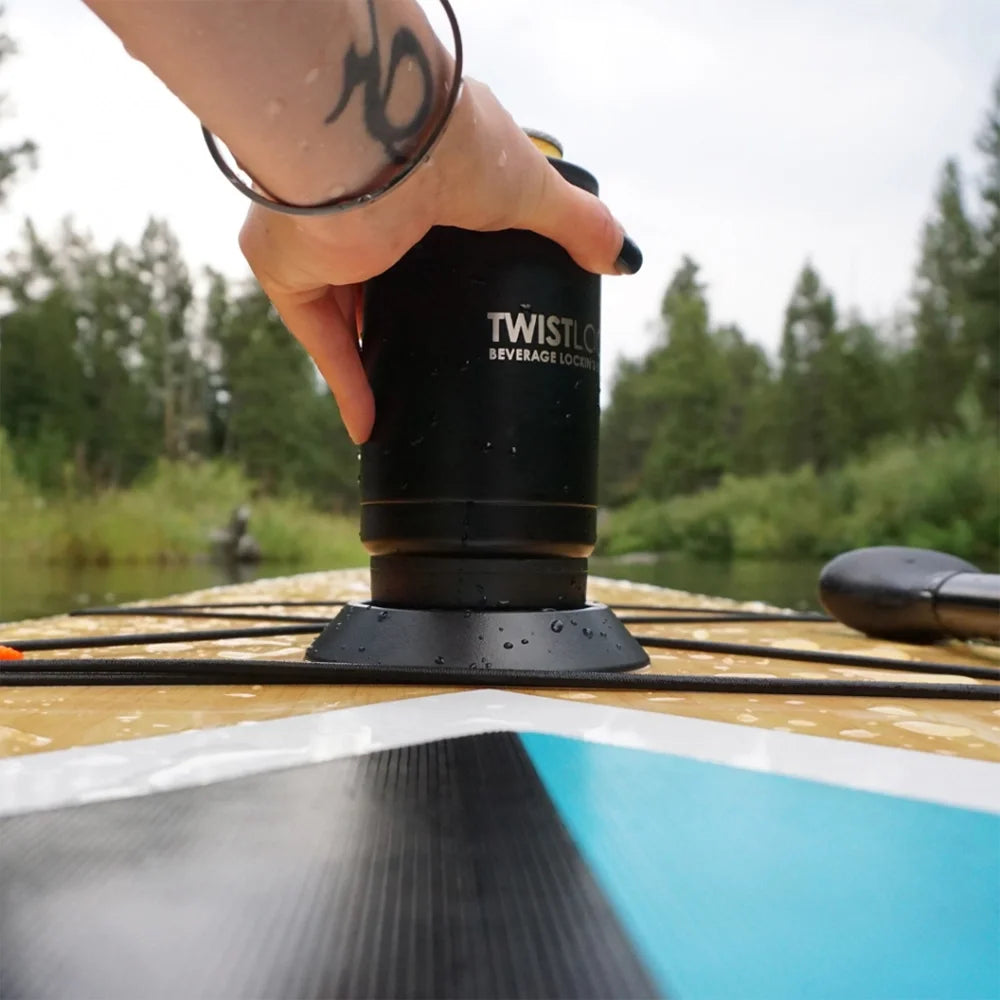 Paddleboard attaching cup holder with an insulated can cooler locked into it with a twist.