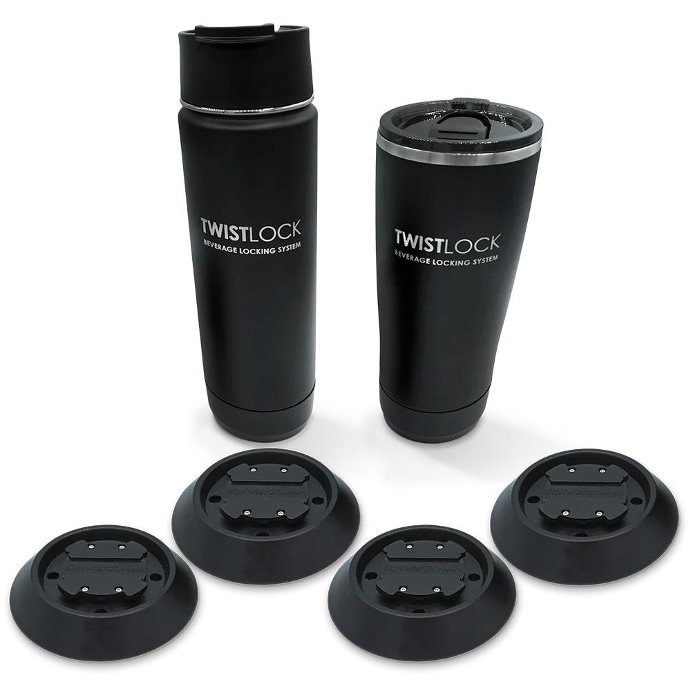 Insulated 22oz tumbler and 20oz canteen with four flat mount locking cup holder bases.