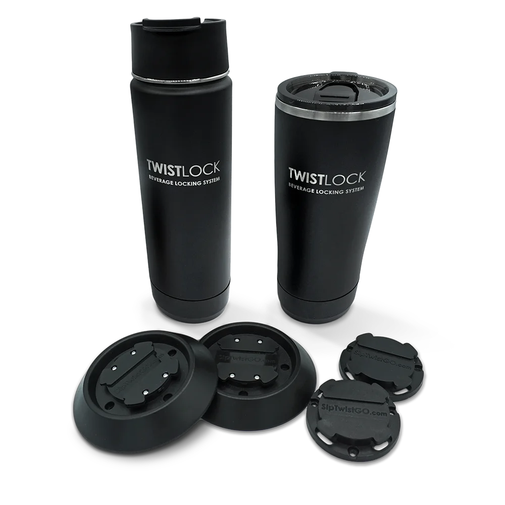 Insulated tumbler and canteen with two flat mount and two mini disc locking cup holders.