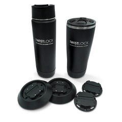 Insulated tumbler and canteen with two flat mount and two mini disc locking cup holders.