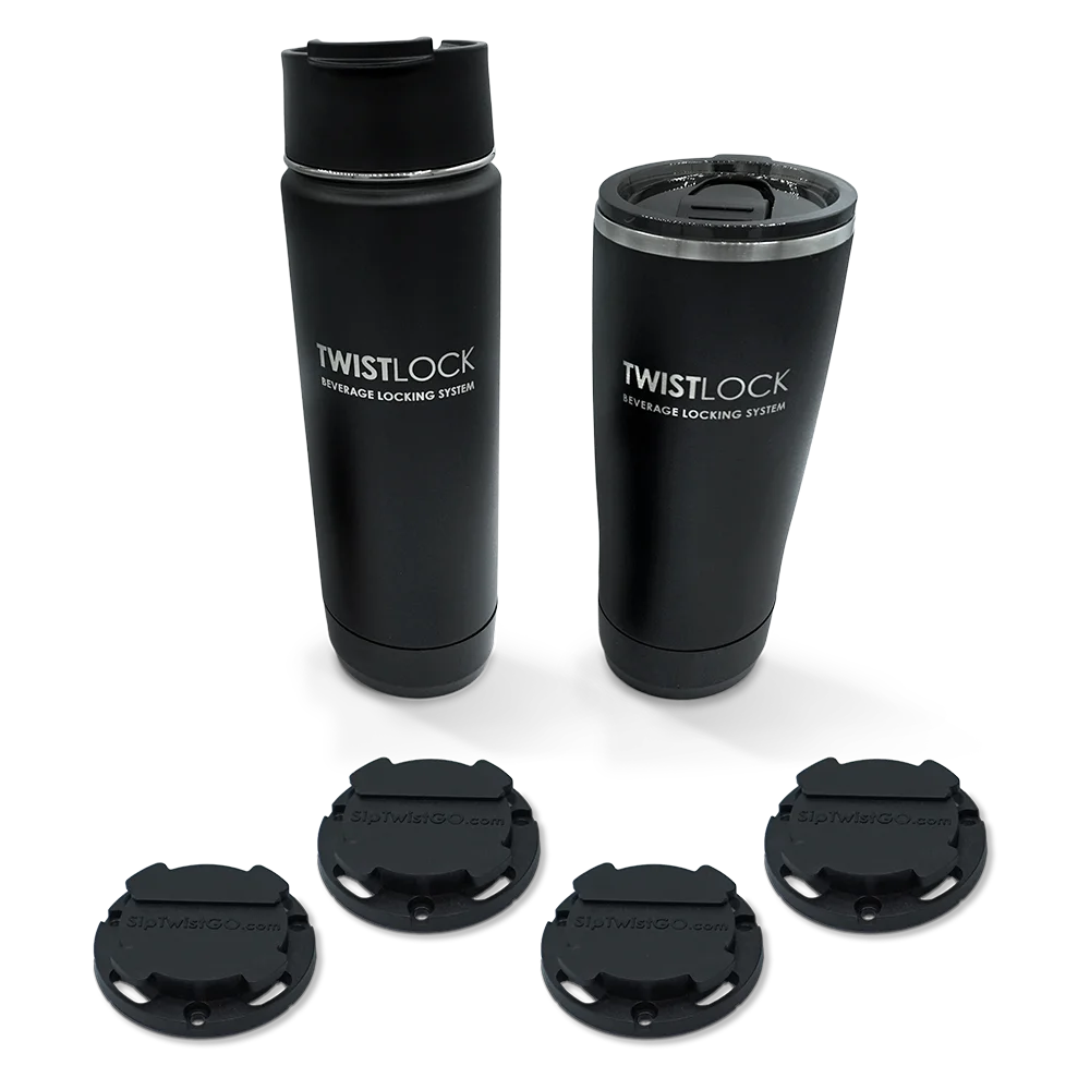 Insulated 22oz tumbler and 20oz canteen with four mini disc locking cup holder bases.