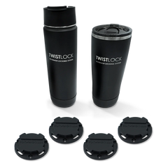 Insulated 22oz tumbler and 20oz canteen with four mini disc locking cup holder bases.