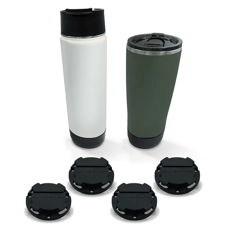 TwistLock Mini Disc Locking Cup Holder Bundle Deal with 4 beverage holders, a summit white insulated canteen, and a trailhead green tumbler.