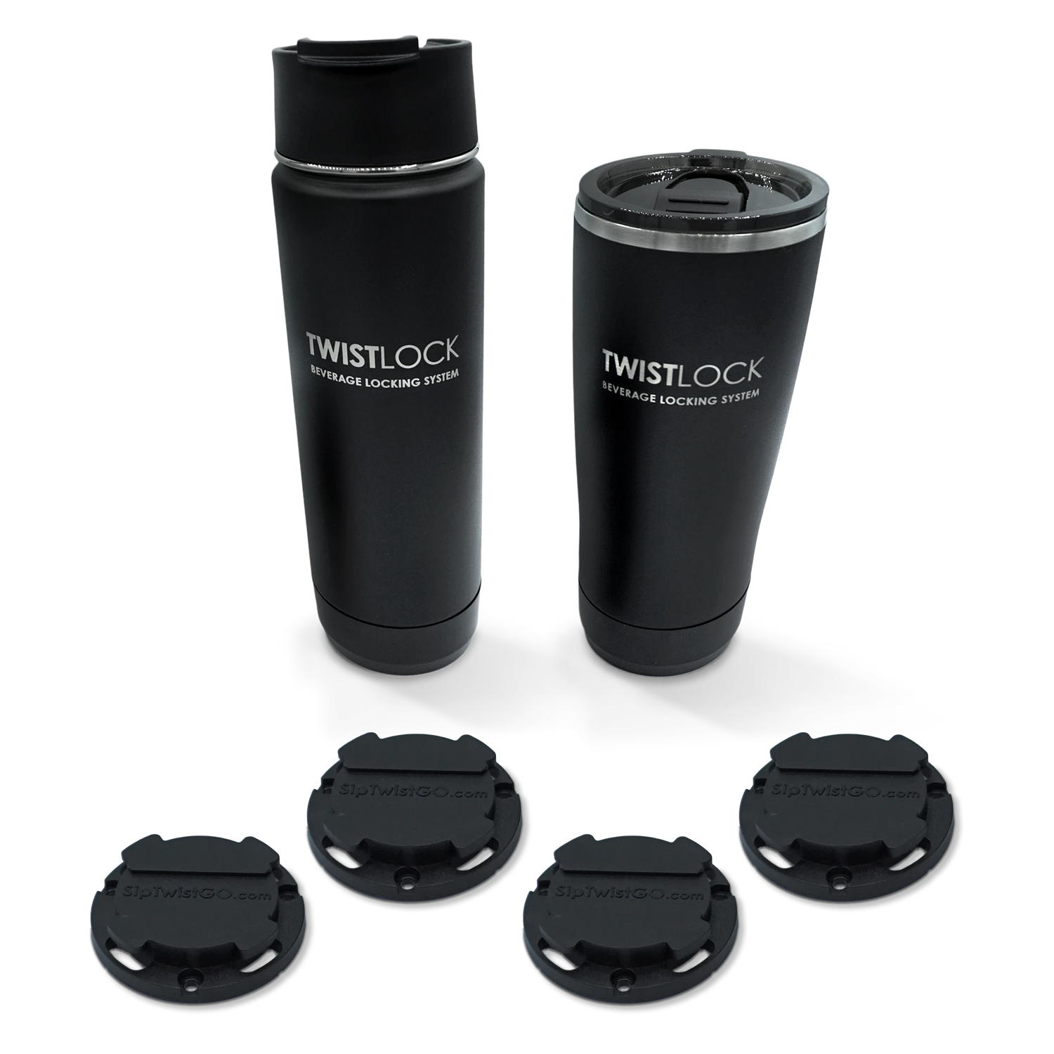 Bundle deal including an insulated canteen, tumbler, and four mountable mini disc locking cup holder bases.