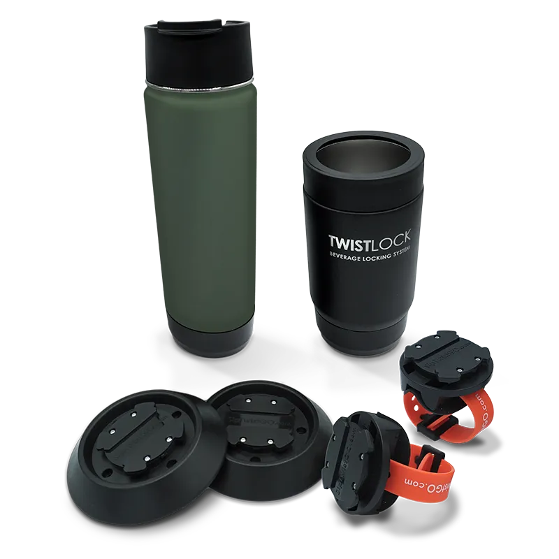 Rafting cup holder bundle showing a 12oz locking can cooler in obsidian black, a 20oz canteen in trailhead green, 2 bar mount attachable cup holders, and 2 flat mount beverage holders.