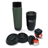 Rafting cup holder bundle showing a 12oz locking can cooler in obsidian black, a 20oz canteen in trailhead green, 2 bar mount attachable cup holders, and 2 flat mount beverage holders.