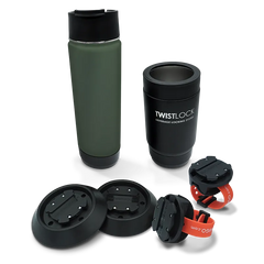 Rafting cup holder bundle showing a 12oz locking can cooler in obsidian black, a 20oz canteen in trailhead green, 2 bar mount attachable cup holders, and 2 flat mount beverage holders.