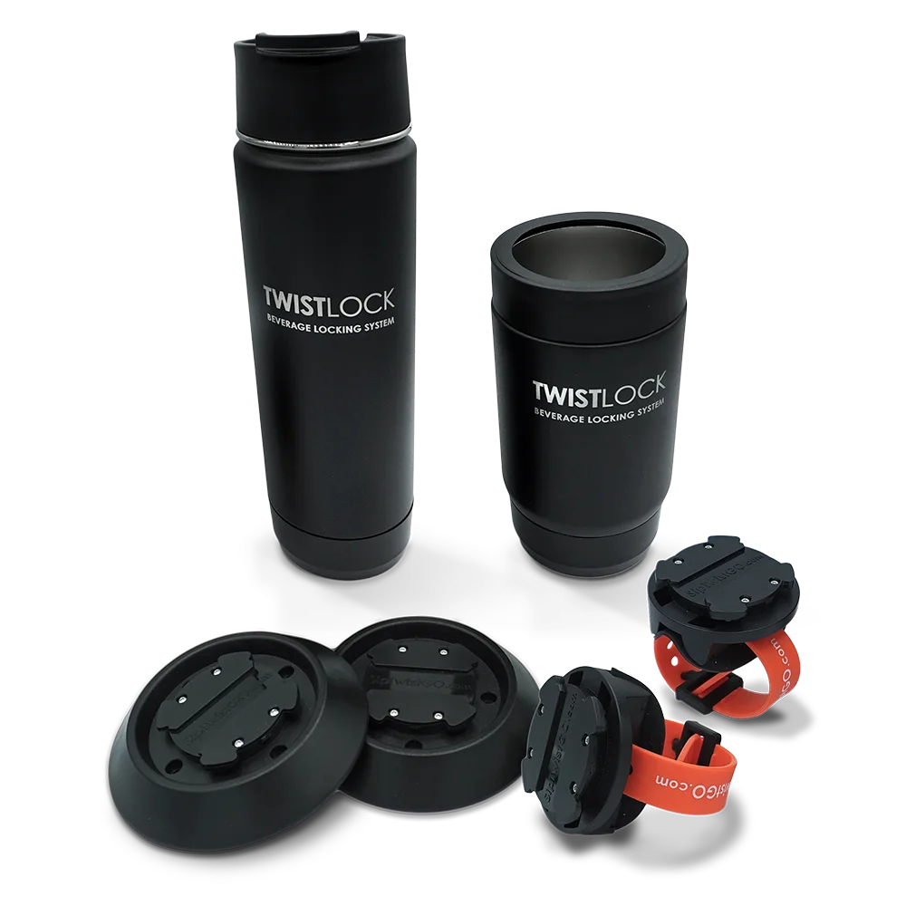 Rafting cup holder set with insulated 20oz canteen and can cooler.