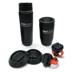 Rafting cup holder set with insulated 20oz canteen and can cooler.