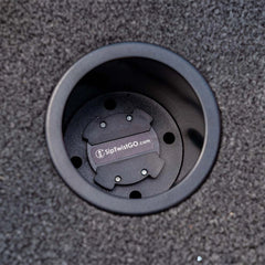 Top view of a replacement recessed cup holder in a boat floor.