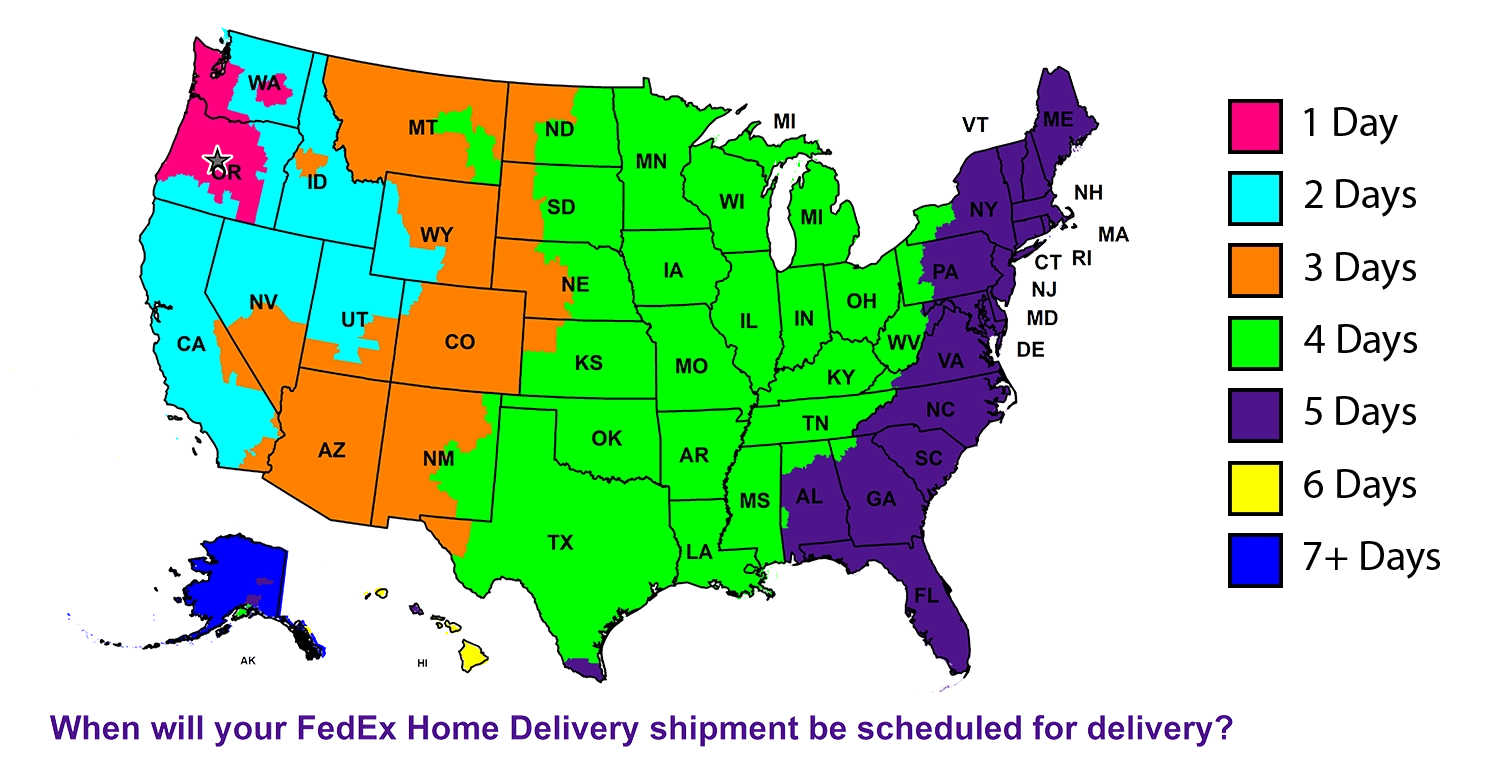 Map showing FedEx shipping delivery times from Bend, Oregon to the rest of the USA.