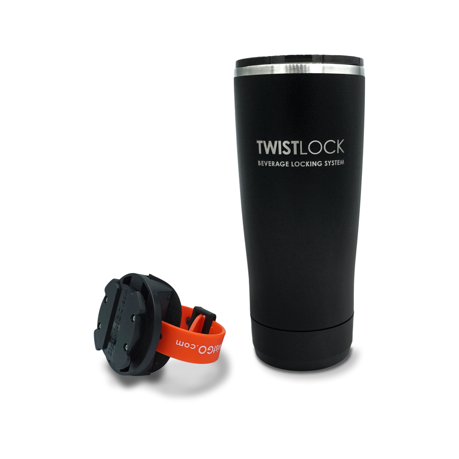 Insulated tumbler and lockable bar mountable cup holder product shot.