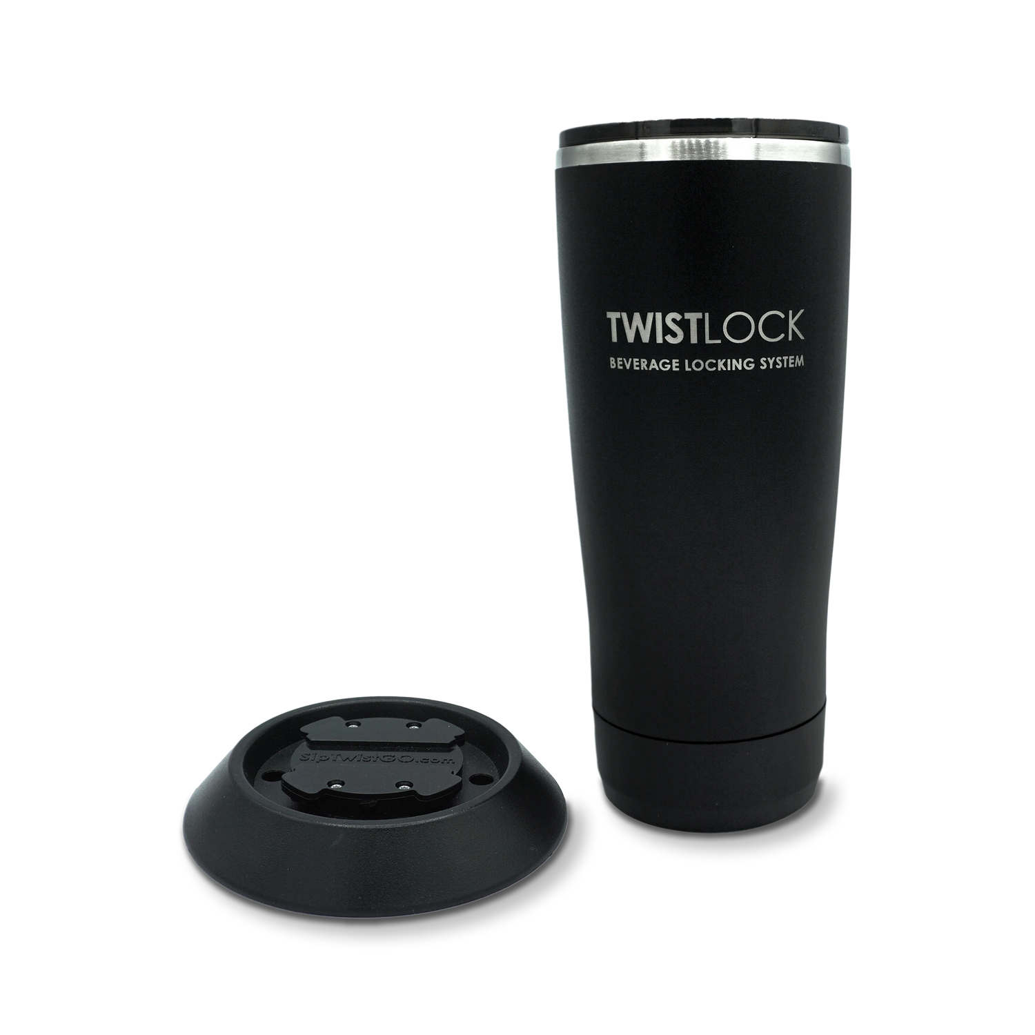 Head on product photo of the TwistLock Tumbler and Flat Mount combo set.