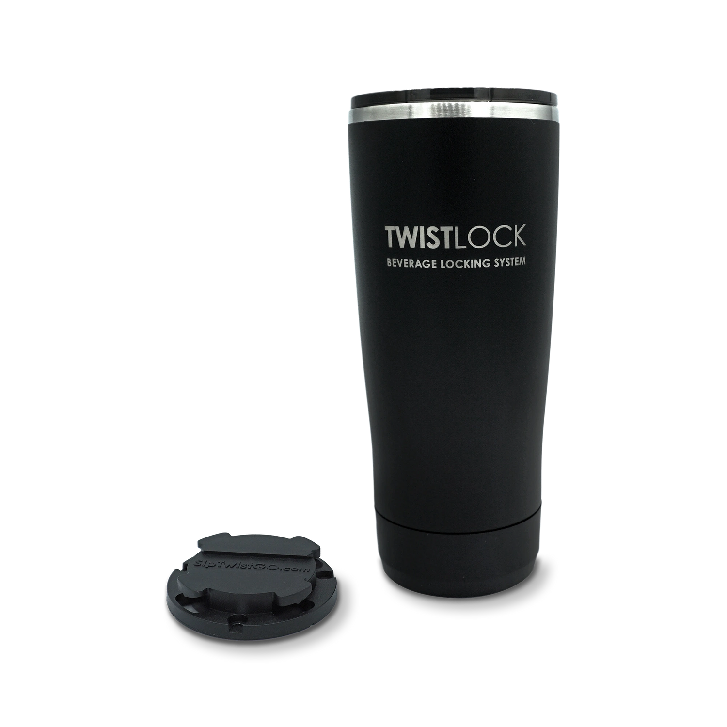 Head on product photo of Insulated Tumbler and mount anywhere mini disc cup holder.