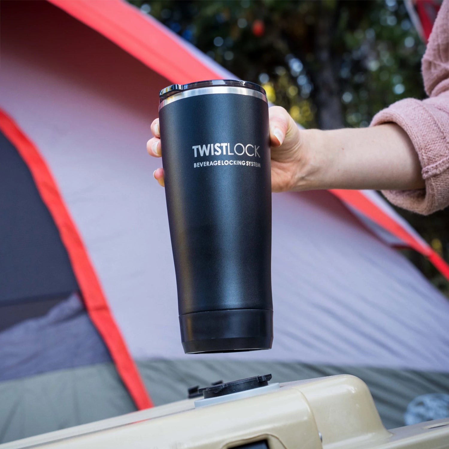 Tumble locking into an attachable mini disc cup holder on camping cooler.