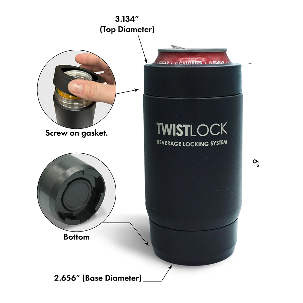 The TwistLock Can Cooler is a stainless steel, vacuum insulated cooler that can fit standard 12oz cans.