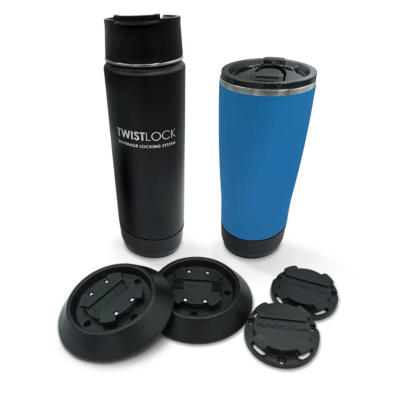 The ultimate insulated bottle bundle deal showing 2 flat mounts attachable cup holders, 2 mini disc locking beverage holders, a 20oz obsidian black stainless steel canteen, and a crater lake blue 22oz tumbler.