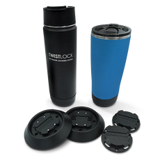 The ultimate insulated bottle bundle deal showing 2 flat mounts attachable cup holders, 2 mini disc locking beverage holders, a 20oz obsidian black stainless steel canteen, and a crater lake blue 22oz tumbler.