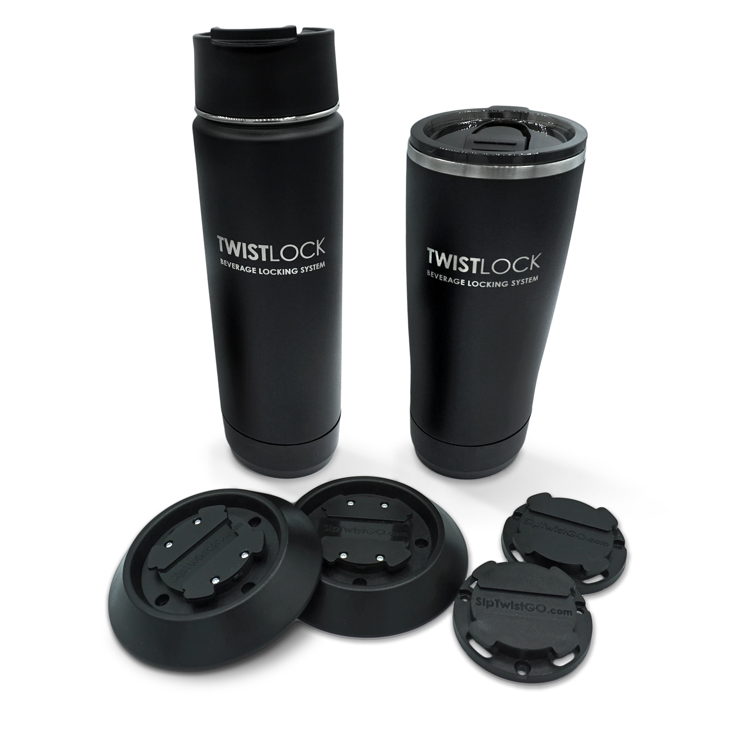 Ultimate TwistLock Cup Holder Beverage Bundle including a canteen, tumbler, two flat mount, and two mini disc cup holders.