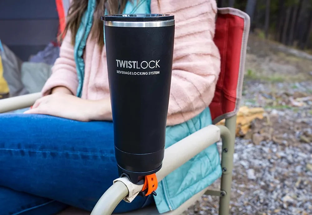 TwistLock Insulated 22oz Tumbler Locked onto a camp chair locking cup holder.