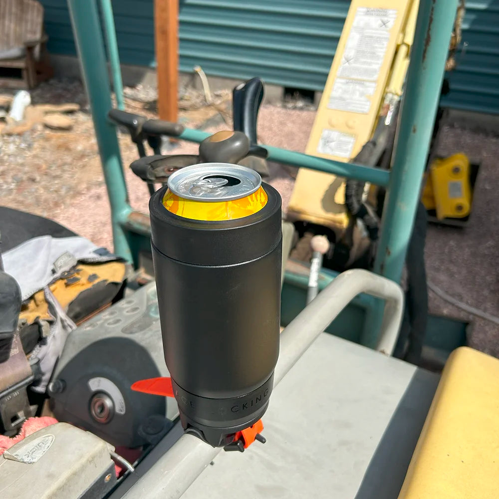 Excavator locking cup holder attached to the grab handle with an insulated can cooler secured in.