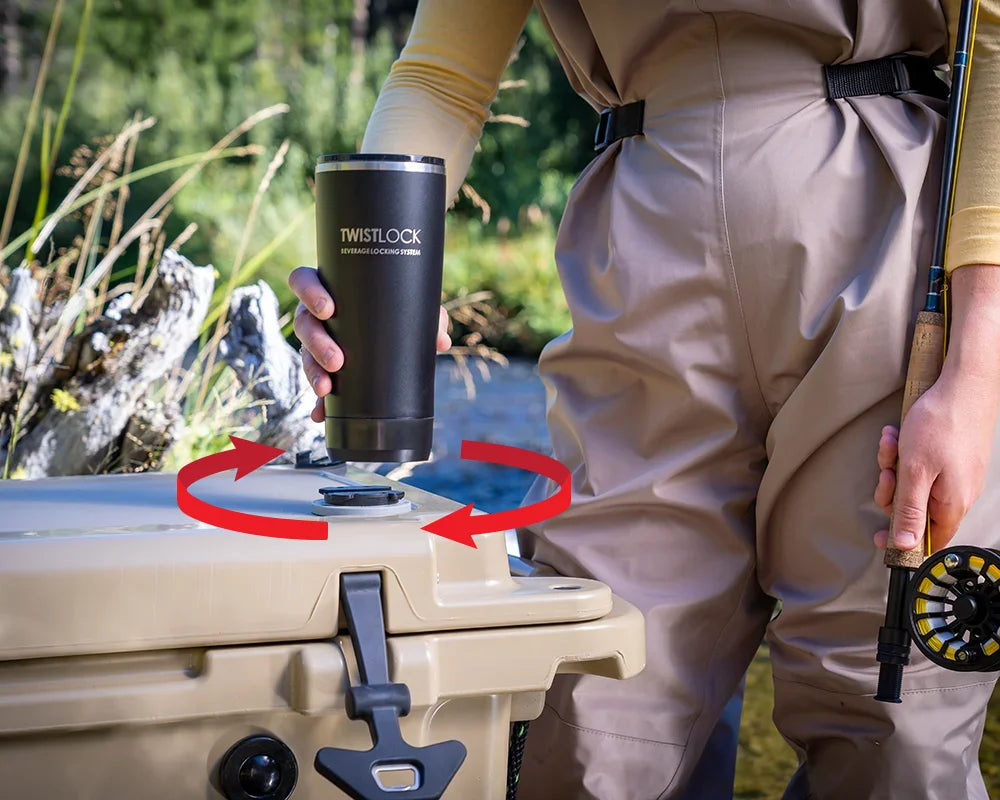 how to lock in the insulated tumbler to a mini disc locking cup holder on a cooler lid.