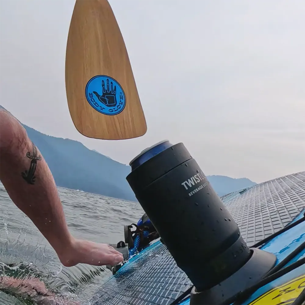 The best insulated can cooler and attachable secure cup holder on a paddle board.