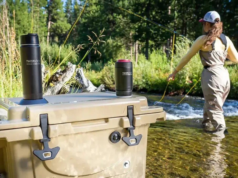 insulated can cooler and tumbler locked to a cooler lid with the mini disc locking base.